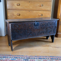 Charles II six-plank oak coffer chest with carved initials E.H., England c.1640–1660