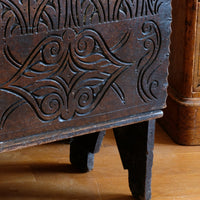 Charles II six-plank oak coffer chest with carved initials E.H., England c.1640–1660