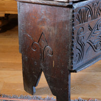 Charles II six-plank oak coffer chest with carved initials E.H., England c.1640–1660