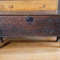 Charles II six-plank oak coffer chest with carved initials E.H., England c.1640–1660