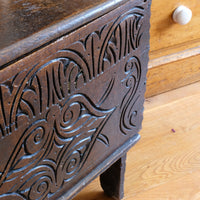 Charles II six-plank oak coffer chest with carved initials E.H., England c.1640–1660