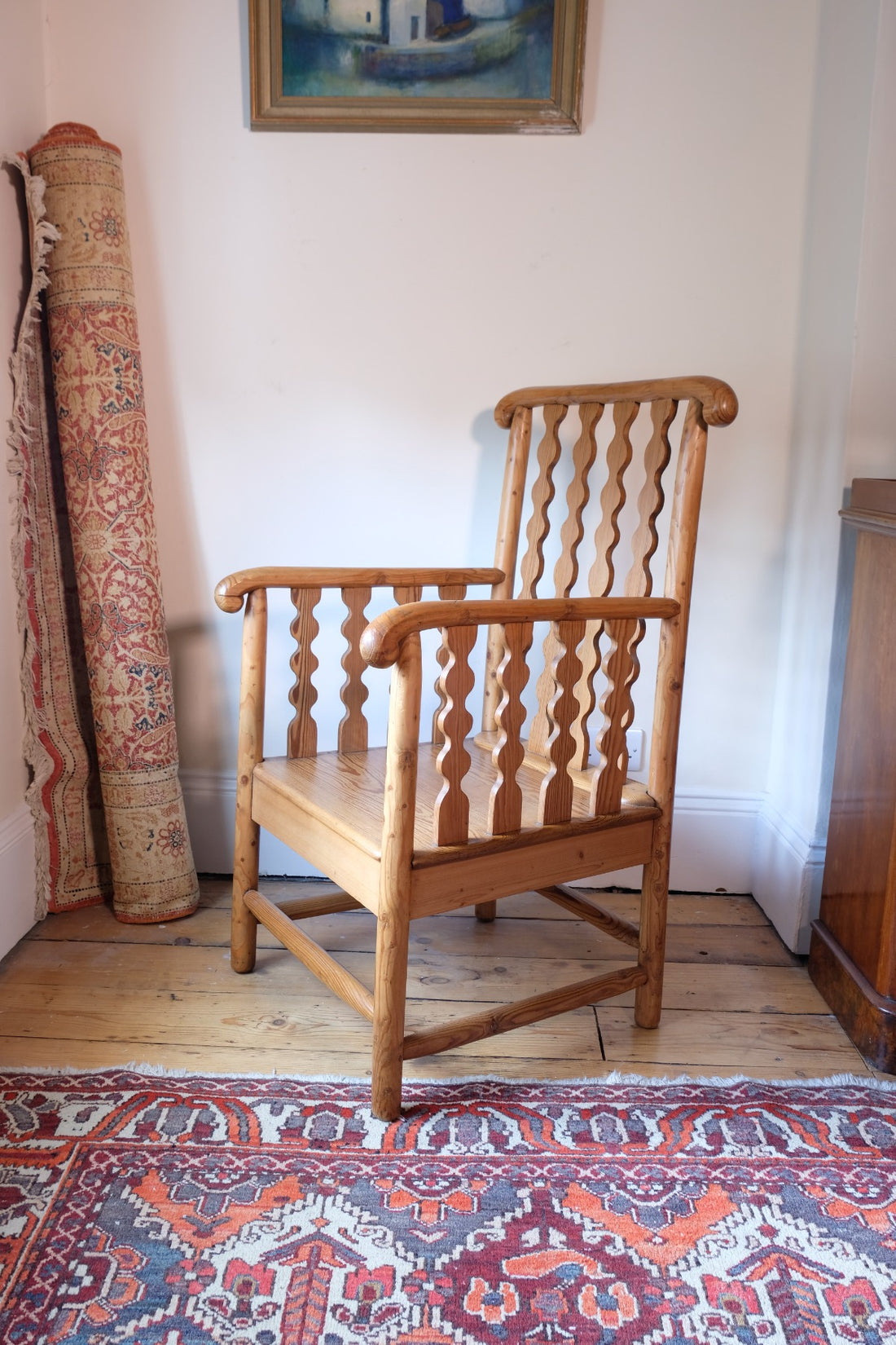 Late 19th Century Arts and Crafts pitch pine bobbin armchair
