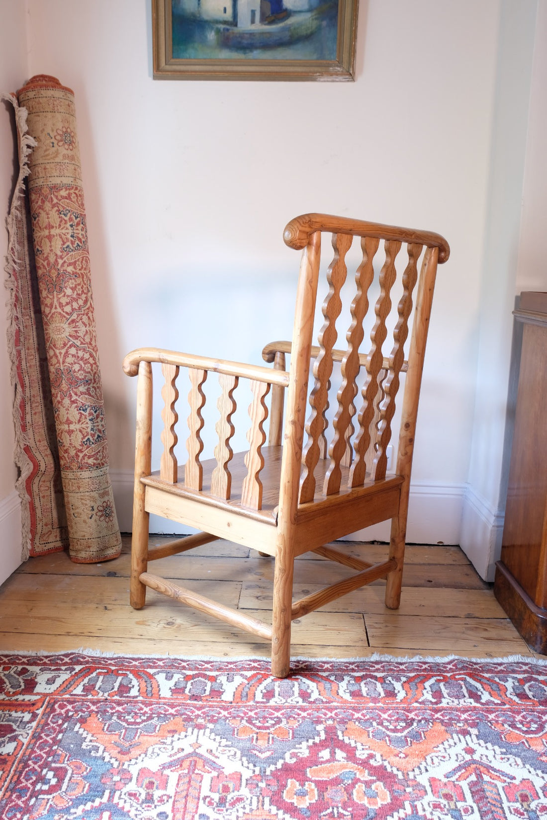 Late 19th Century Arts and Crafts pitch pine bobbin armchair