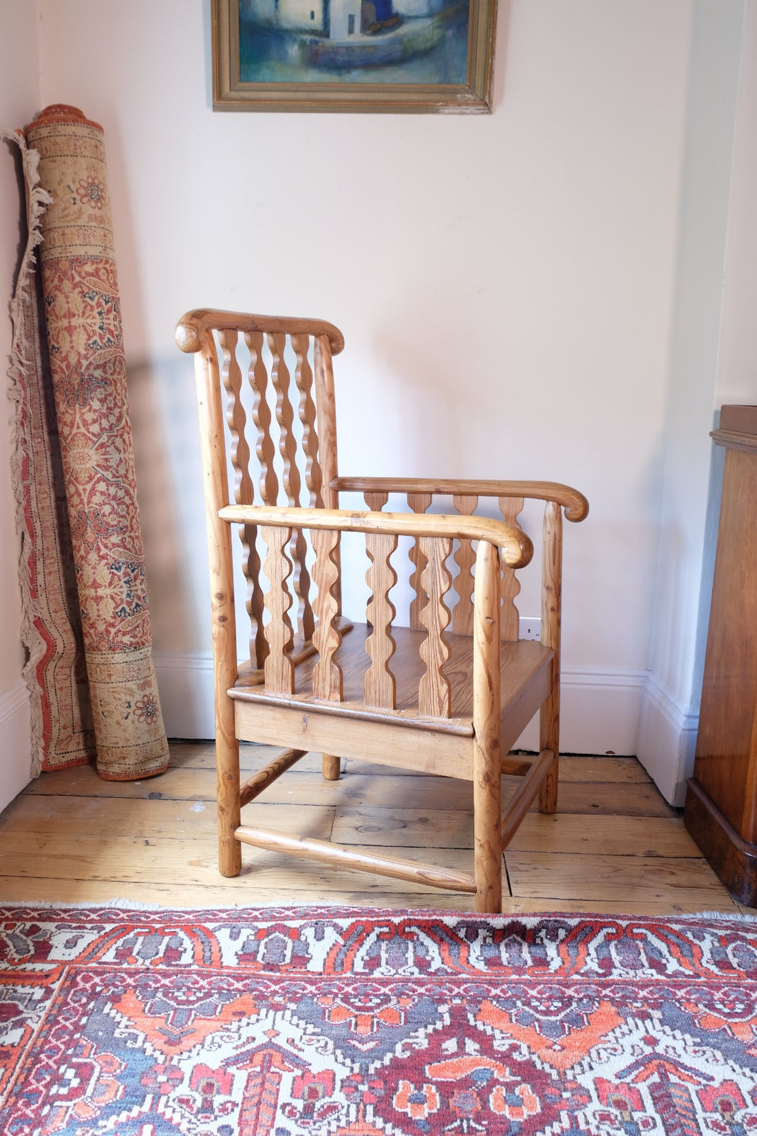Late 19th Century Arts and Crafts pitch pine bobbin armchair