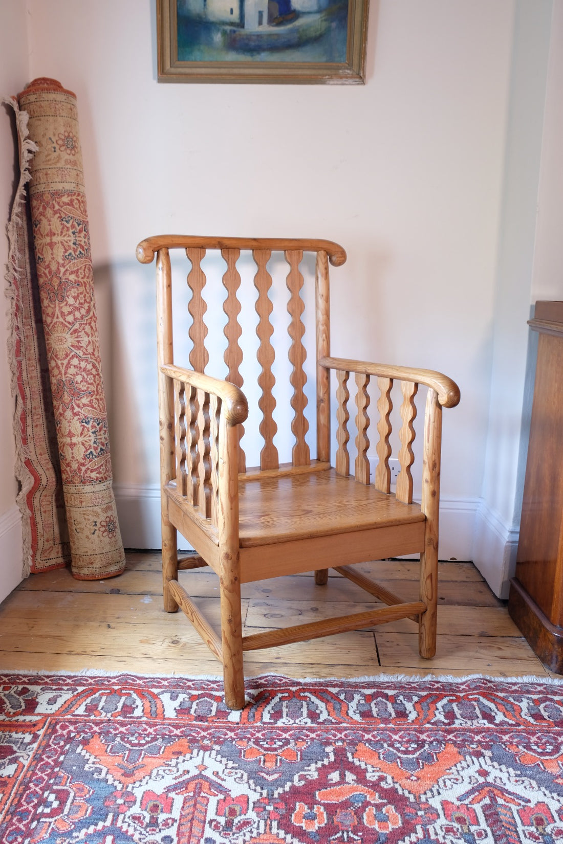 Late 19th Century Arts and Crafts pitch pine bobbin armchair