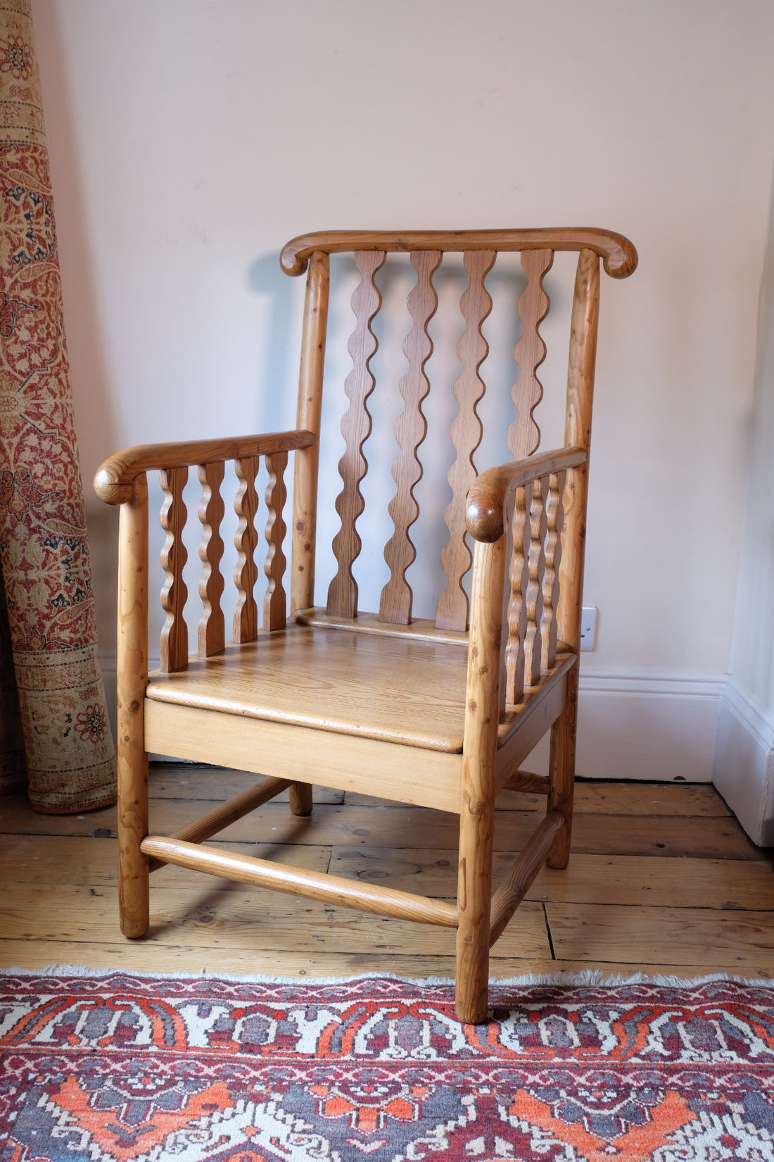 Late 19th Century Arts and Crafts pitch pine bobbin armchair