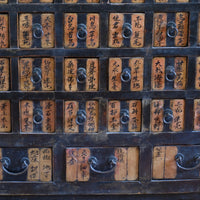 Detail of hand-painted Chinese calligraphy on antique wooden drawers