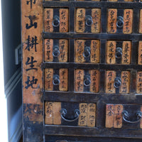 Detail of hand-painted Chinese calligraphy on antique wooden drawers