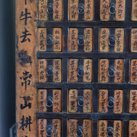 Detail of hand-painted Chinese calligraphy on antique wooden drawers
