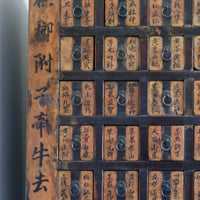 Detail of hand-painted Chinese calligraphy on antique wooden drawers