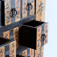Close-up of drawers on an Antique Painted Chinese Apothecary-Style Cabinet with 57 Drawers and Calligraphy