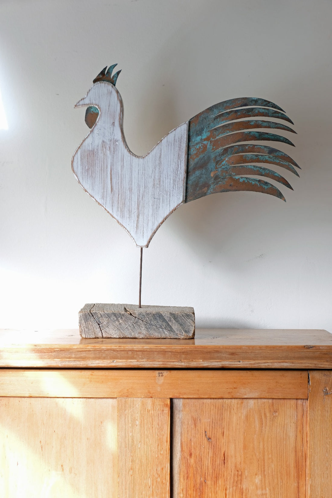 Martin Scorey primitive folk art cockerel sculpture on driftwood