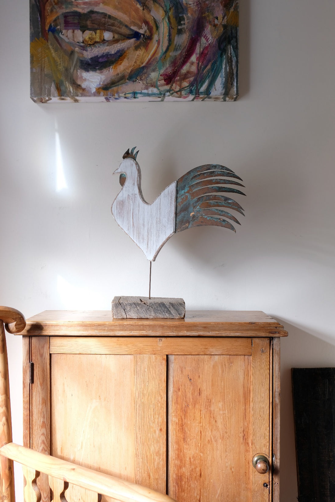 Rustic driftwood and verdigris copper primitive cockerel sculpture
