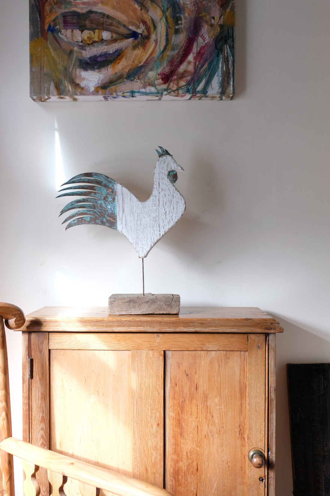 Martin Scorey primitive folk art cockerel sculpture on driftwood