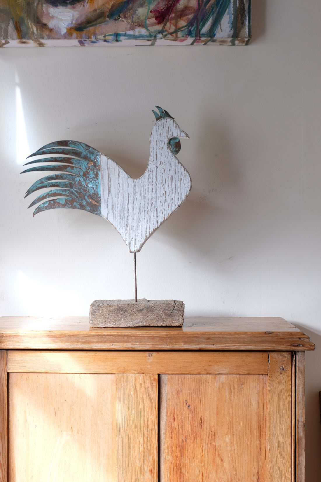 Rustic driftwood and verdigris copper primitive cockerel sculpture