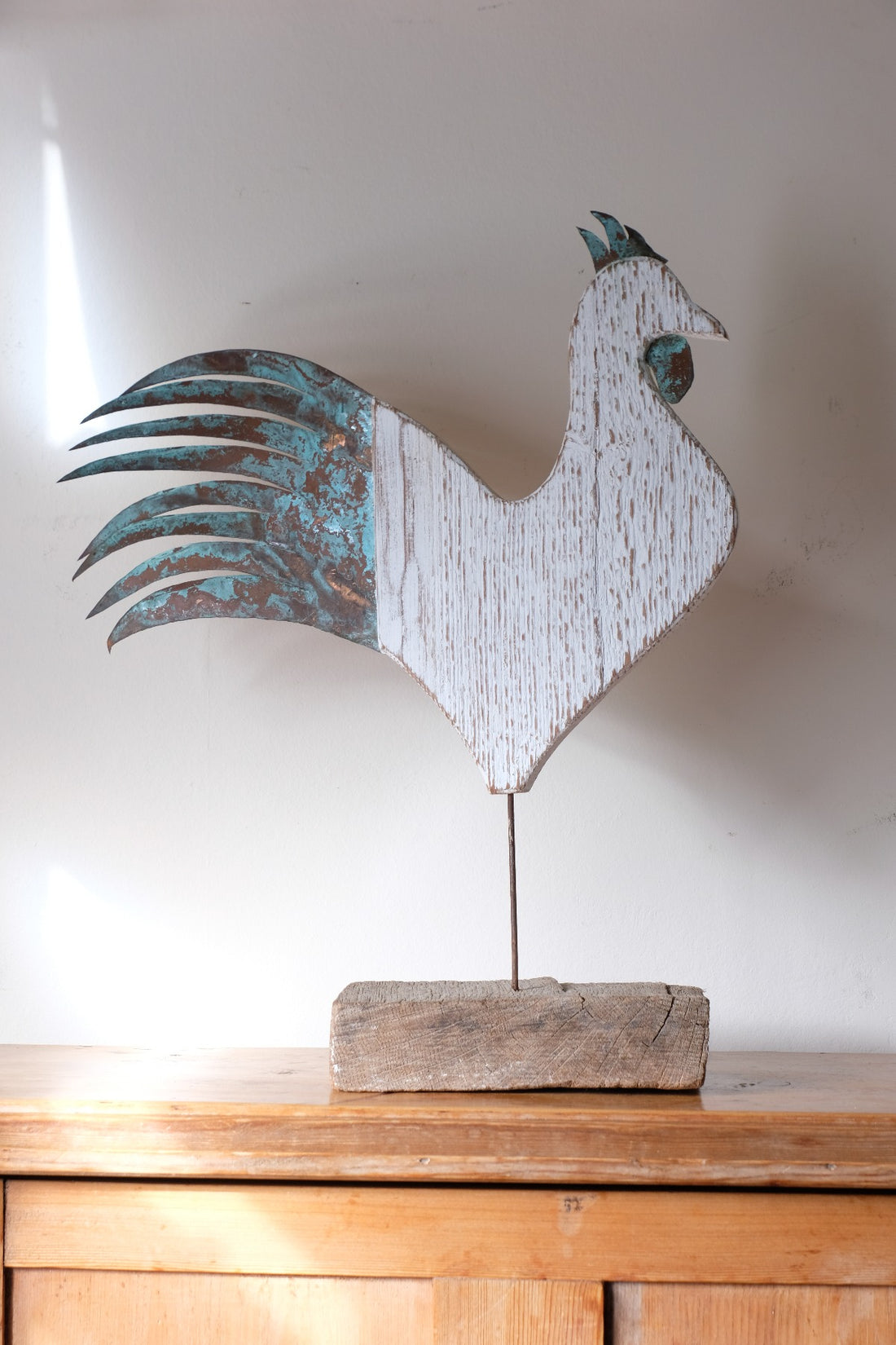Coastal folk art cockerel sculpture in primitive style by Martin Scorey