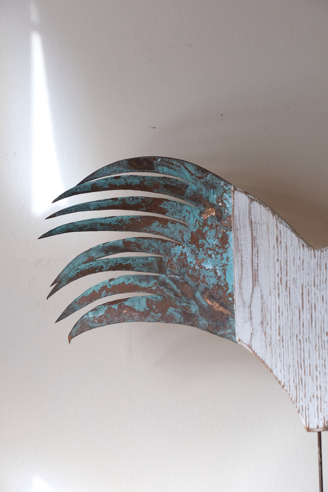 Primitive cockerel sculpture with verdigris copper tail feathers