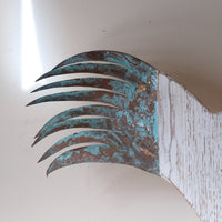 Primitive cockerel sculpture with verdigris copper tail feathers