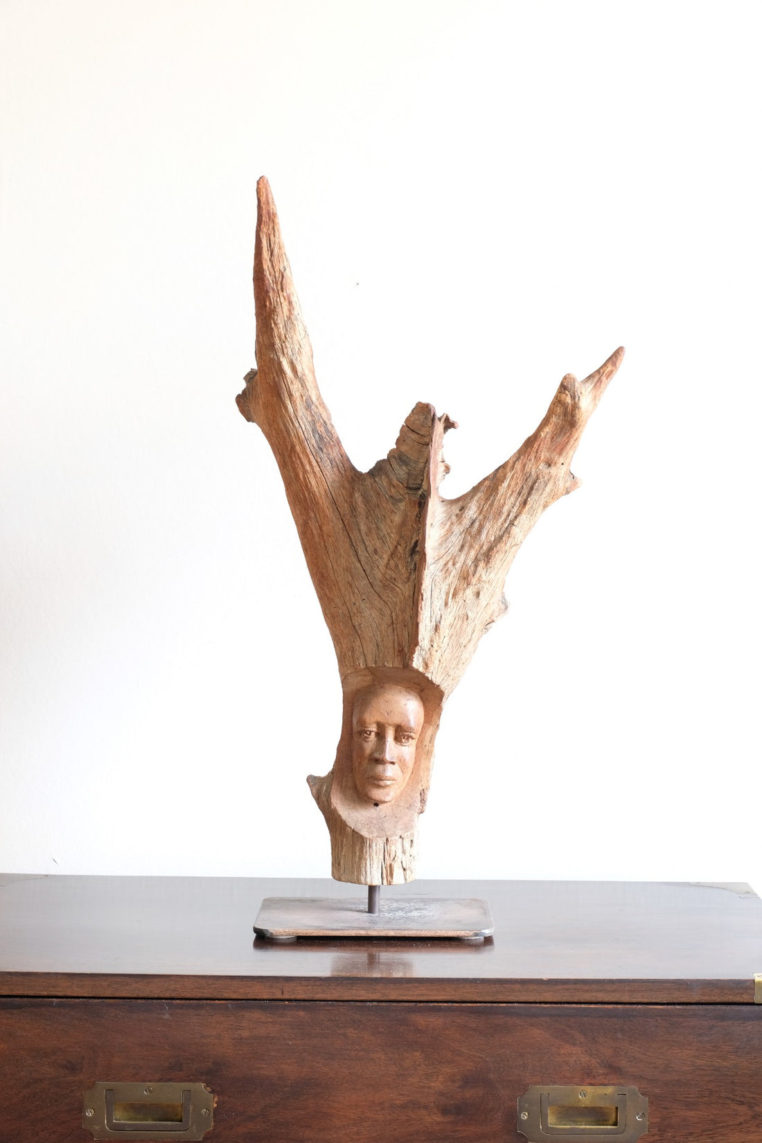 Primitive Carved Driftwood Folk Art Face Sculpture from Beachfound Wood