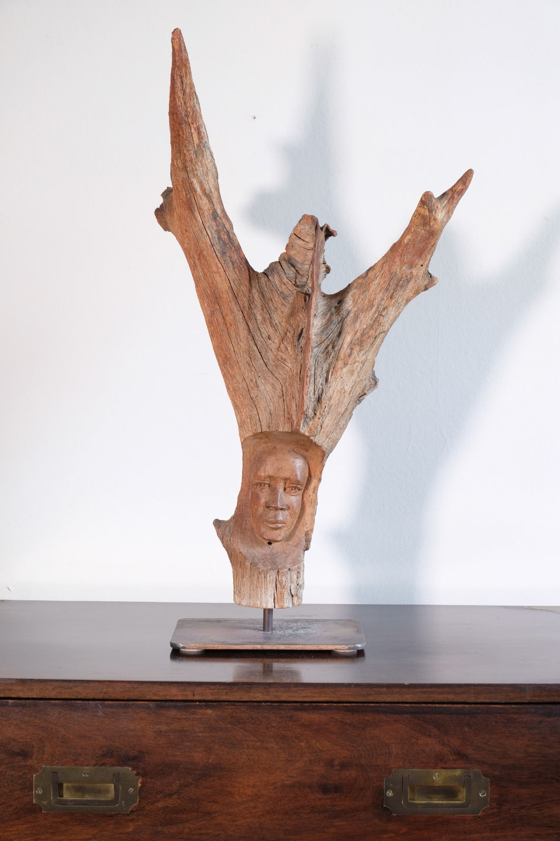 Primitive Carved Driftwood Folk Art Face Sculpture from Beachfound Wood