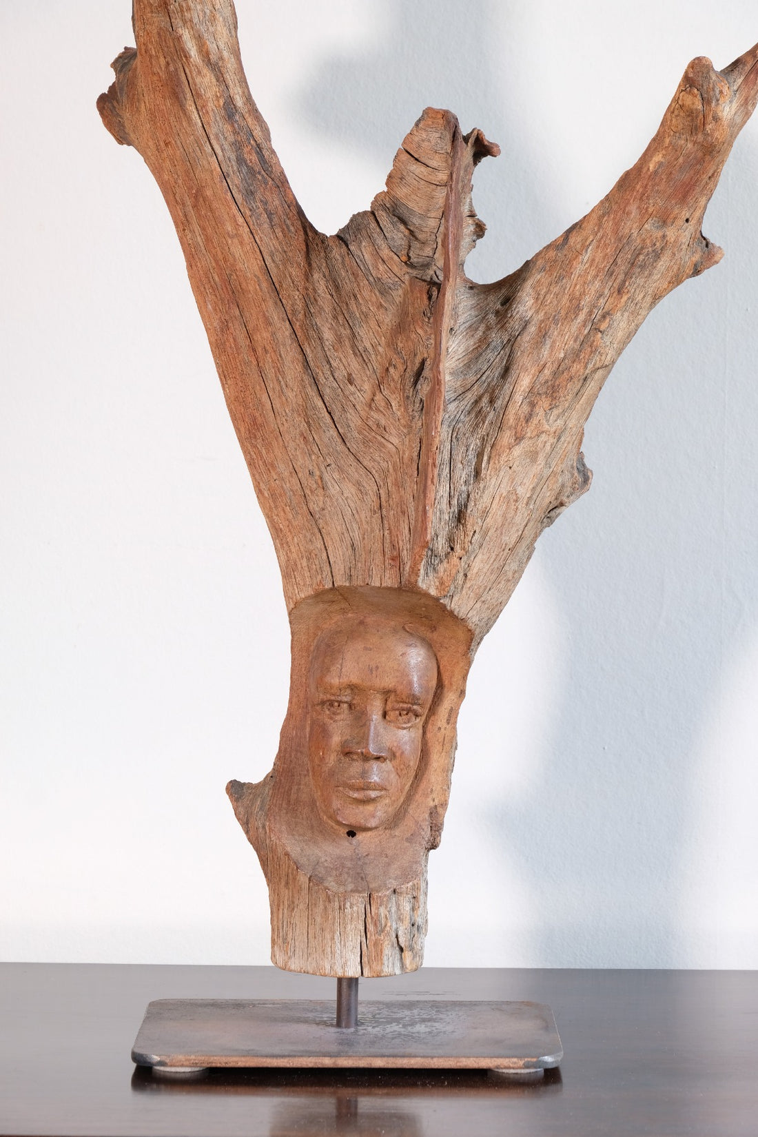 Primitive Carved Driftwood Folk Art Face Sculpture from Beachfound Wood