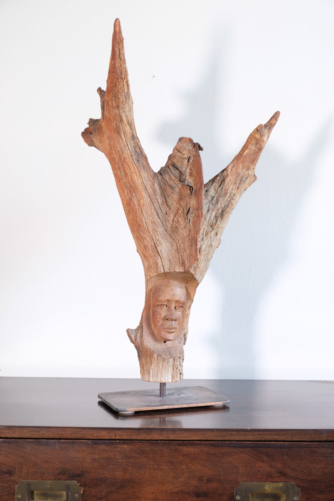 Primitive Carved Driftwood Folk Art Face Sculpture from Beachfound Wood