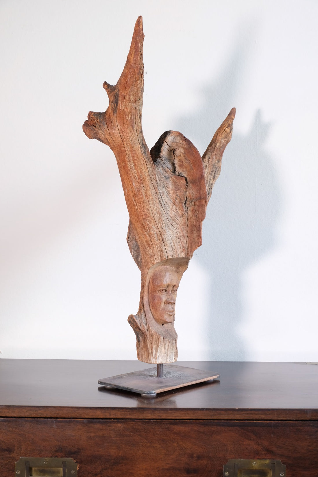 Primitive Carved Driftwood Folk Art Face Sculpture from Beachfound Wood