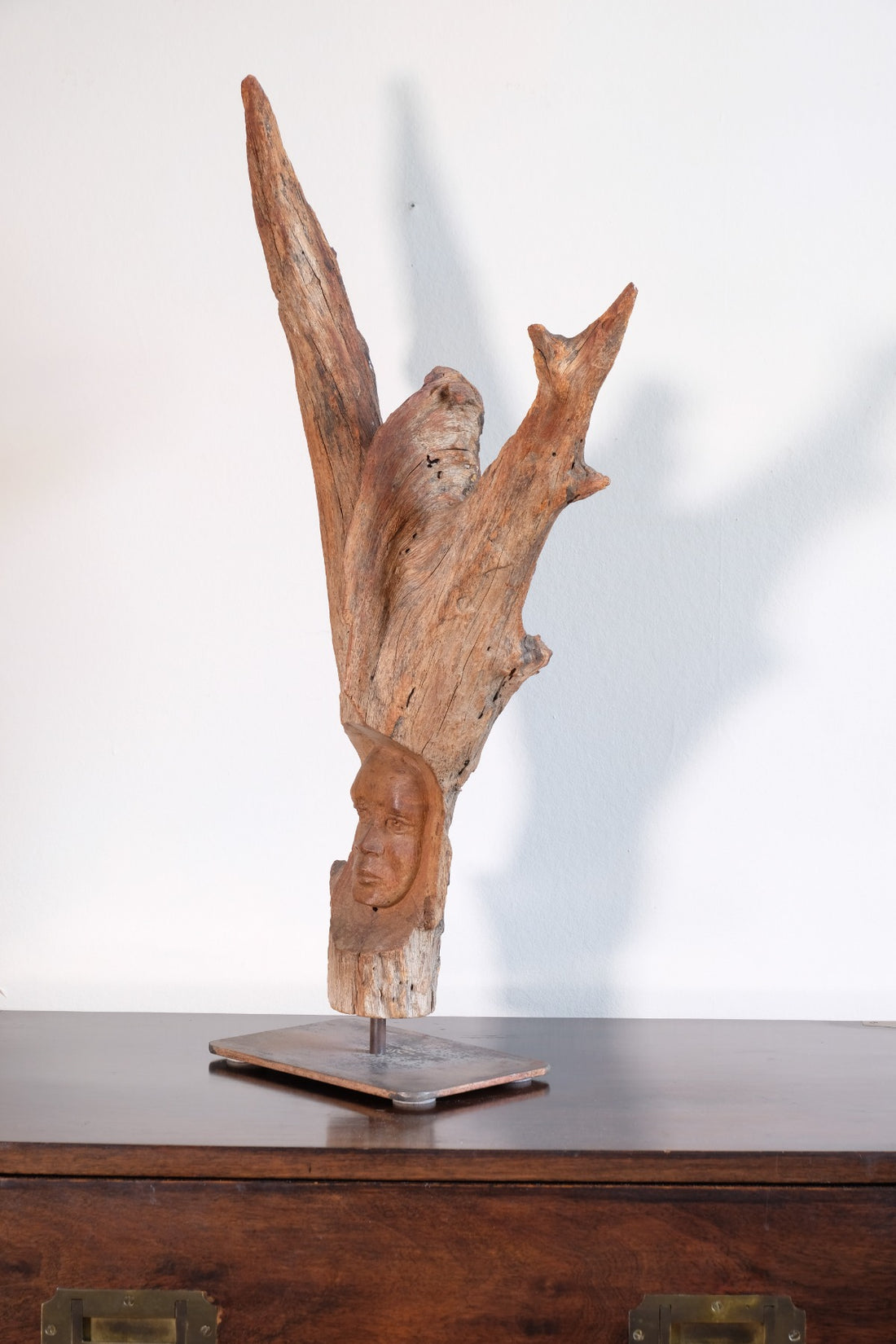 Primitive Carved Driftwood Folk Art Face Sculpture from Beachfound Wood