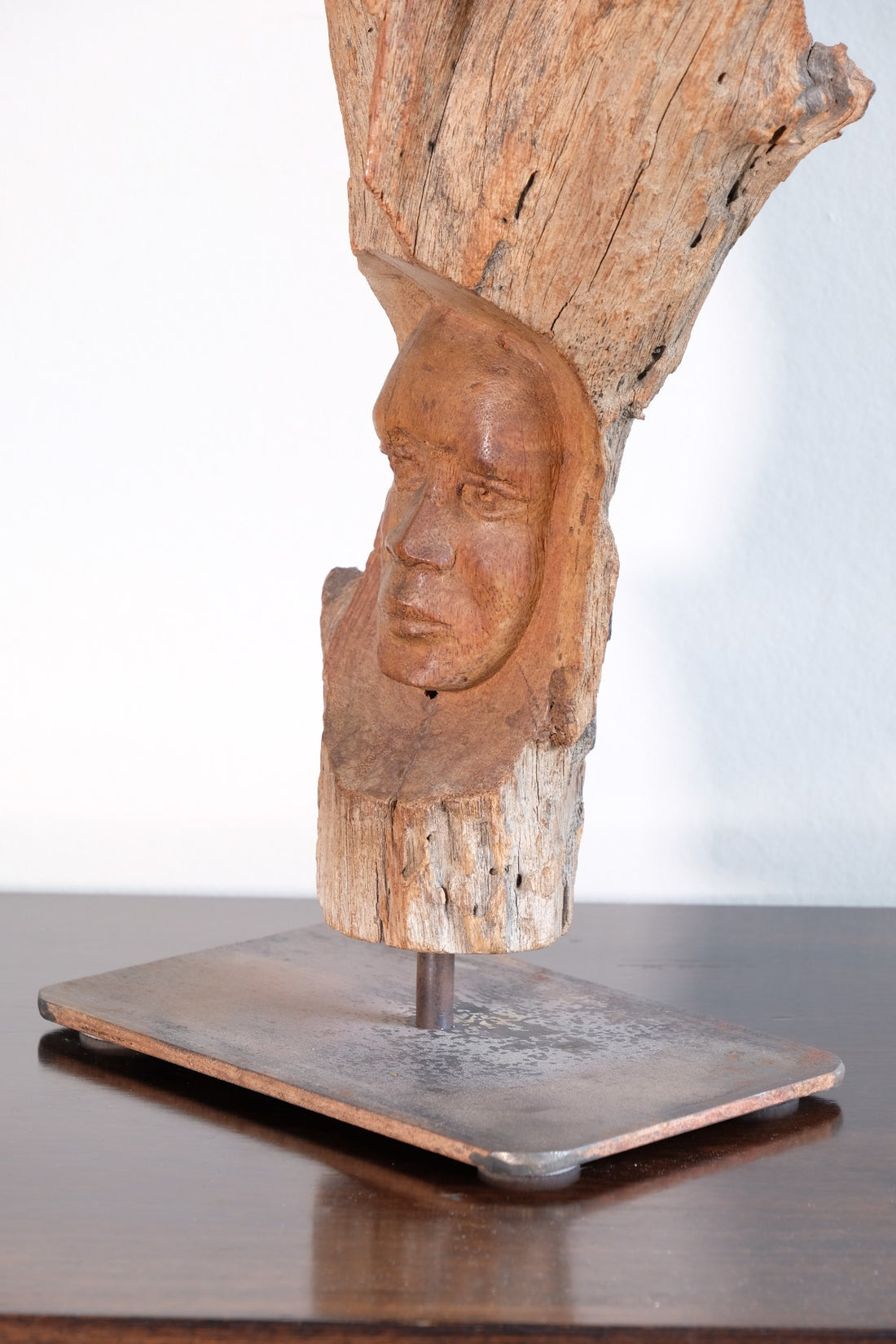 Primitive Carved Driftwood Folk Art Face Sculpture from Beachfound Wood