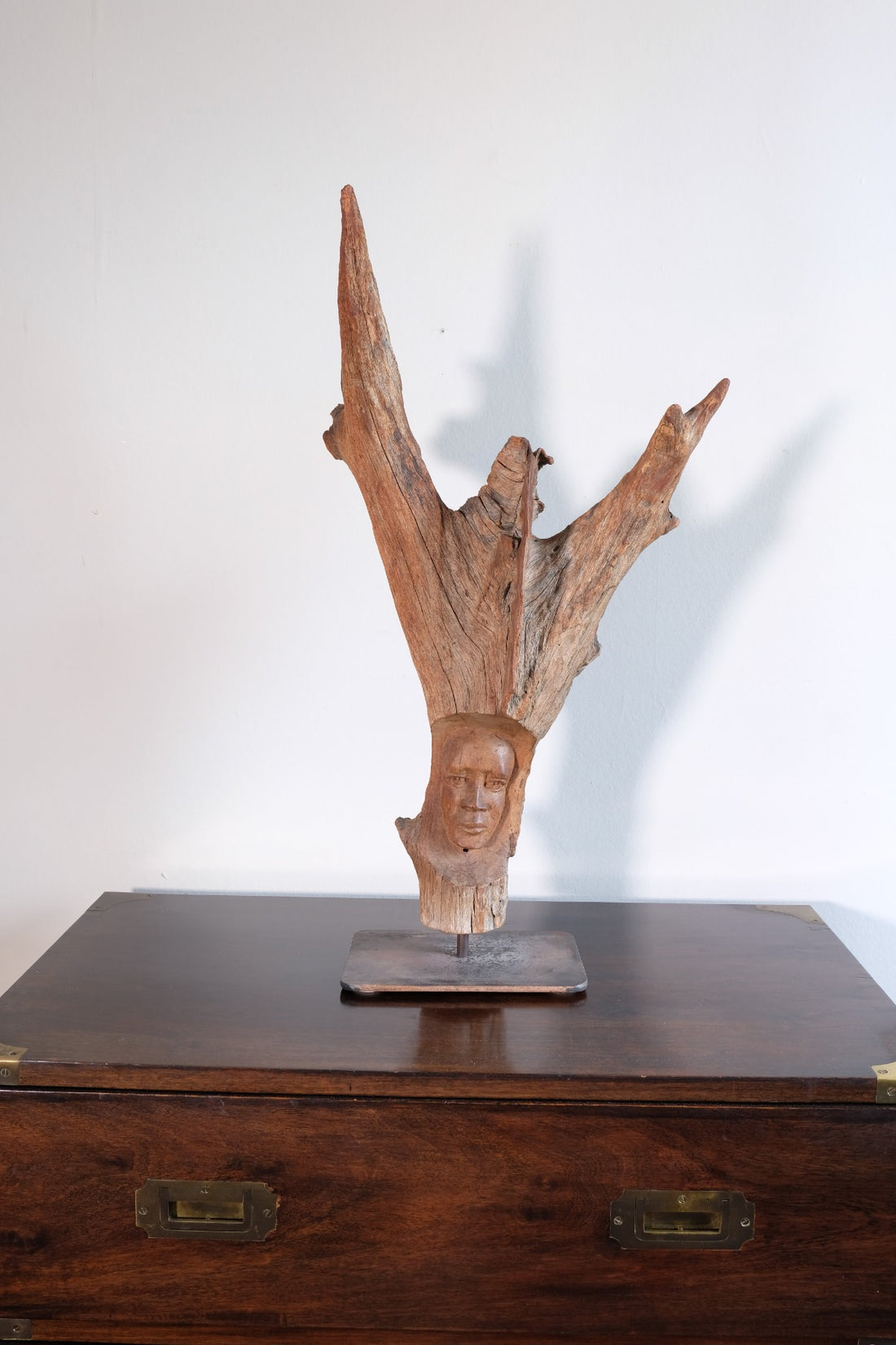 Primitive Carved Driftwood Folk Art Face Sculpture from Beachfound Wood