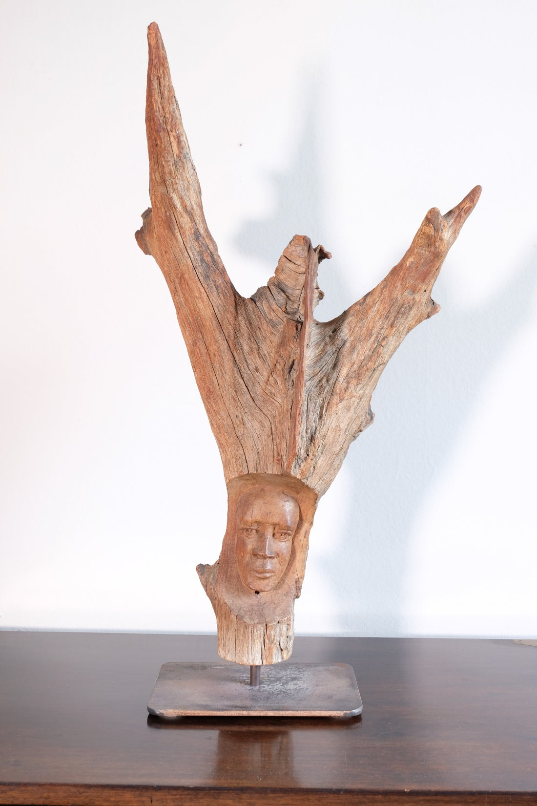 Primitive Carved Driftwood Folk Art Face Sculpture from Beachfound Wood