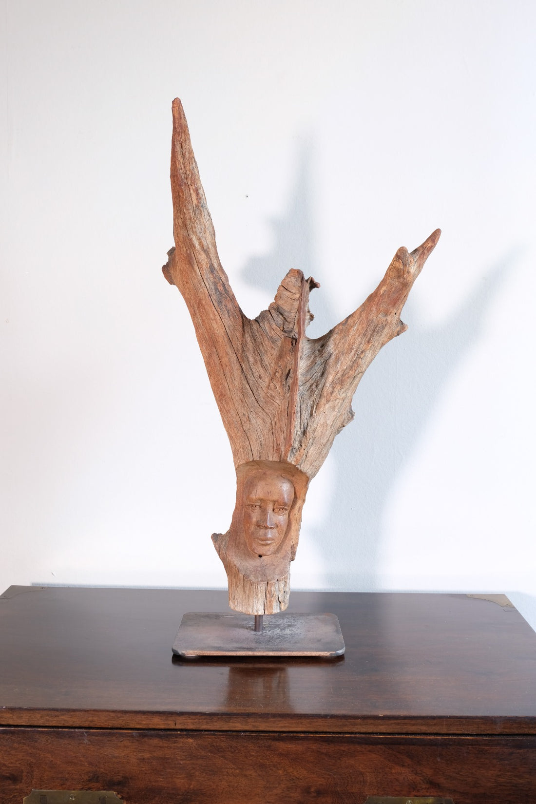 Primitive Carved Driftwood Folk Art Face Sculpture from Beachfound Wood