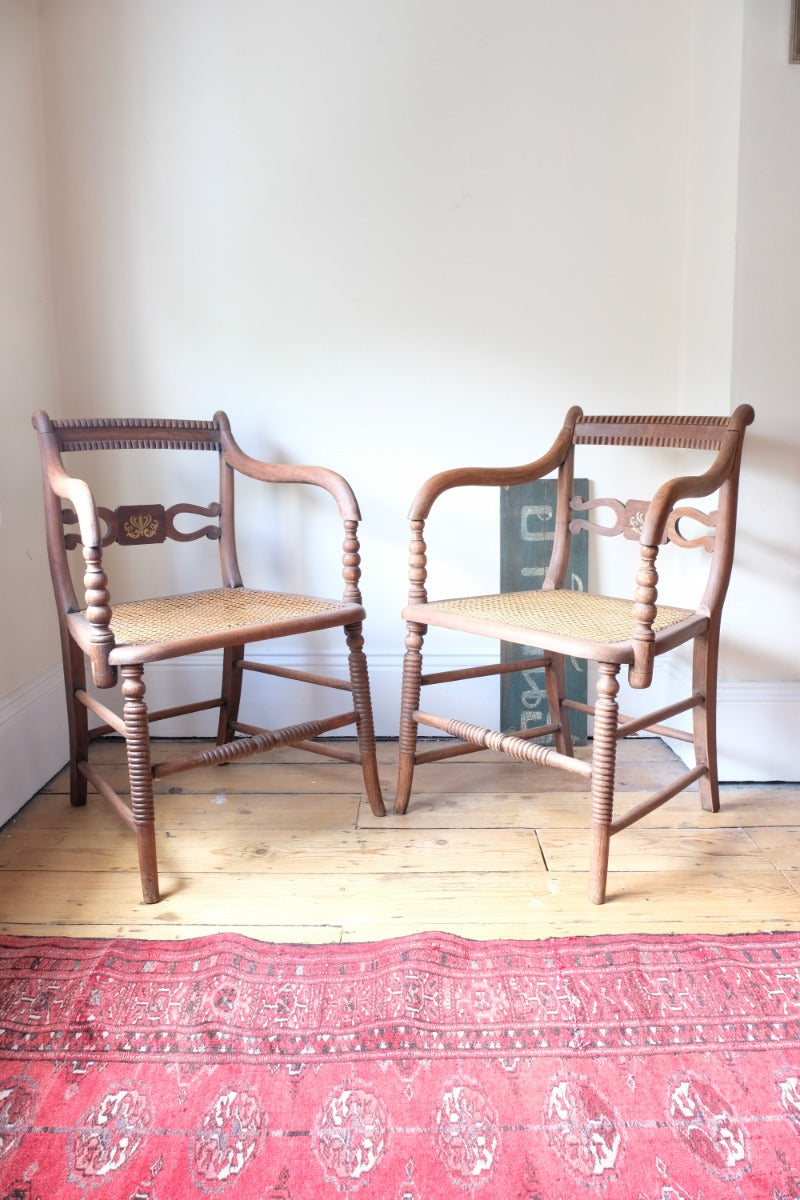 Pair Regency Armchairs Brass Inlay Cane Seats circa 1810