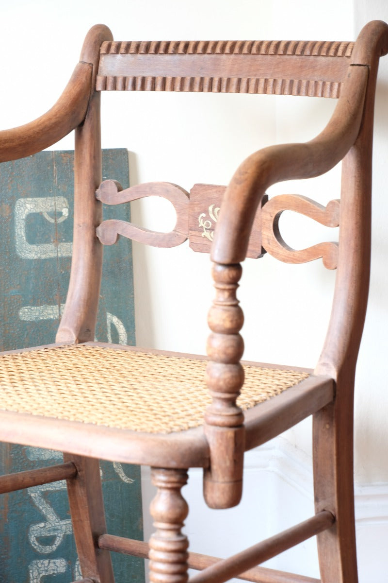 Pair Regency Armchairs Brass Inlay Cane Seats circa 1810