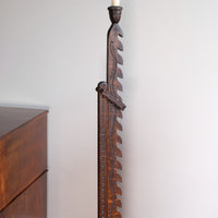 Rare Arts & Crafts carved oak adjustable candle stand with ratchet mechanism