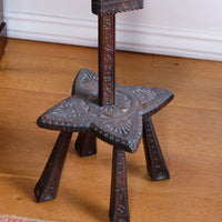Rare Arts & Crafts carved oak adjustable candle stand with ratchet mechanism