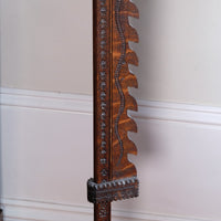 Rare Arts & Crafts carved oak adjustable candle stand with ratchet mechanism