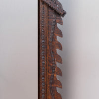 Rare Arts & Crafts carved oak adjustable candle stand with ratchet mechanism