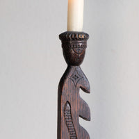 Rare Arts & Crafts carved oak adjustable candle stand with ratchet mechanism