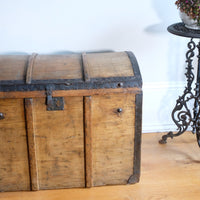 antique rustic pine domed trunk with iron straps circa 1880