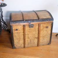 antique rustic pine domed trunk with iron straps circa 1880