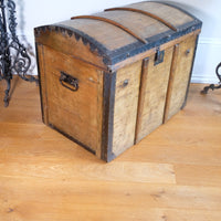 antique rustic pine domed trunk with iron straps circa 1880