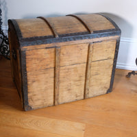 antique rustic pine domed trunk with iron straps circa 1880