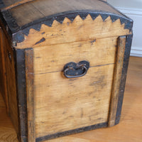 antique rustic pine domed trunk with iron straps circa 1880