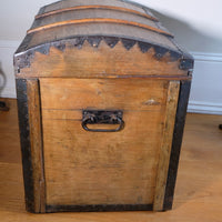 antique rustic pine domed trunk with iron straps circa 1880