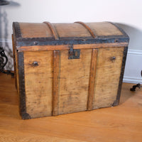 antique rustic pine domed trunk with iron straps circa 1880