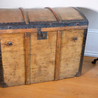 antique rustic pine domed trunk with iron straps circa 1880