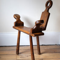 1950s Spanish Brutalist primitive elm leather chair front view