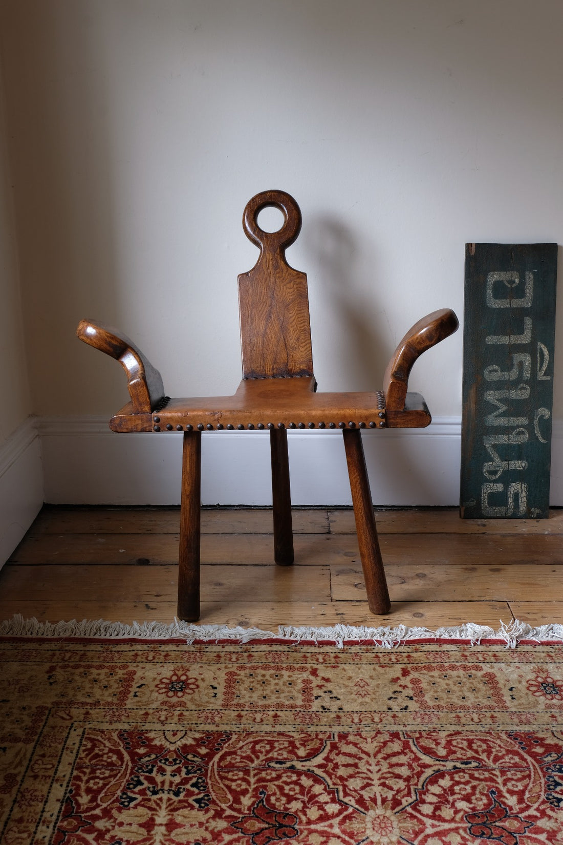 Front view 1950s Spanish Brutalist primitive elm leather chair front view