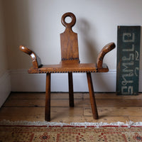 Front view 1950s Spanish Brutalist primitive elm leather chair front view